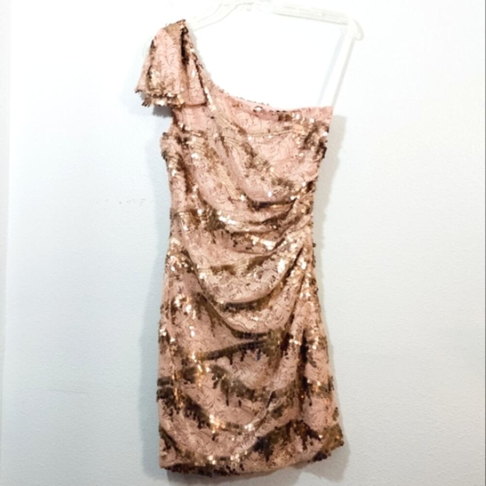 NWT peach champagne lace copper sequin one shoulder dress 5